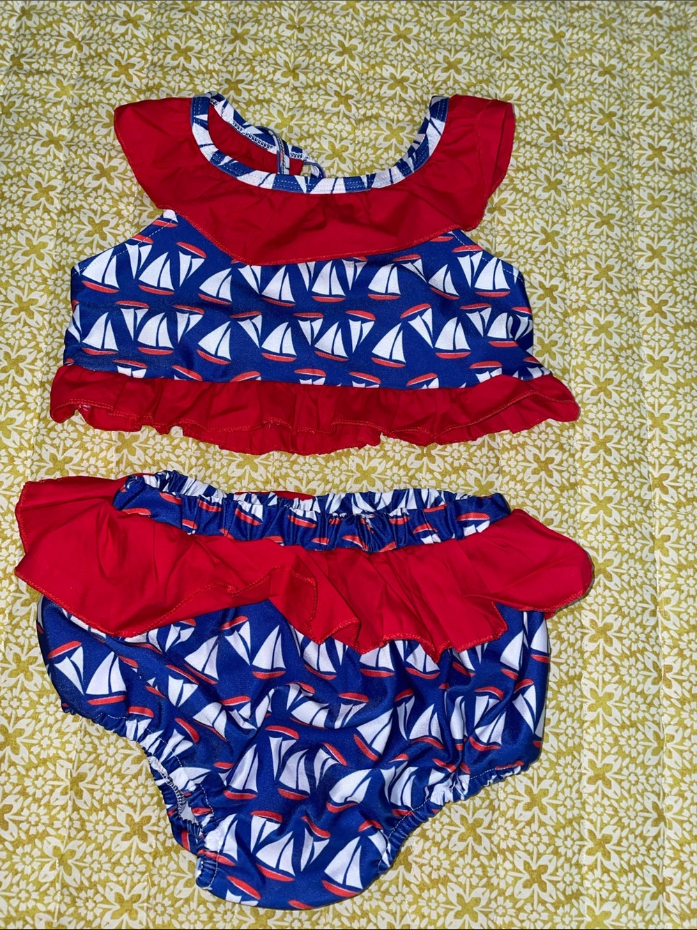 Girls' Red & Blue Sailboat Ruffle Bikini Set